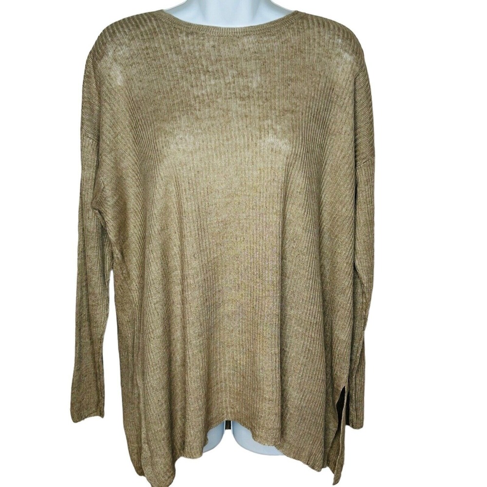 Eileen Fisher Organic Linen Top Size S Tan L/S Ribbed Dolman Longline Tunic